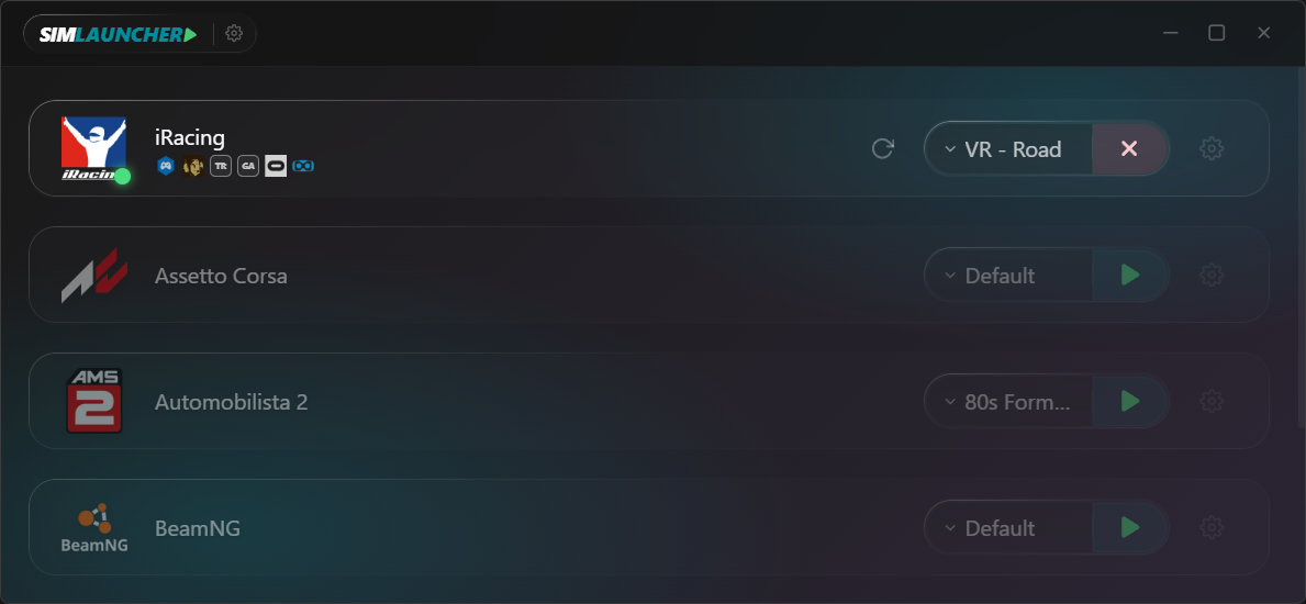 SimLauncher Windows App - Dashboard with sim racing profiles
